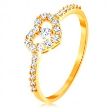 Zlatý prsteň 375 - zirkónové ramená, ligotavý číry obrys srdca so zirkónom