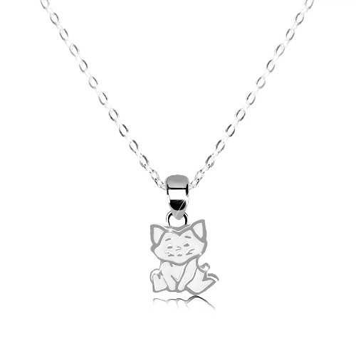 Strieborný náhrdelník 925 - sediaca mačka, biela glazúra, lesklá retiazka
