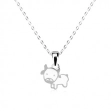 Strieborný 925 náhrdelník - lesklá kravička s bielou glazúrou, retiazka z oválnych očiek