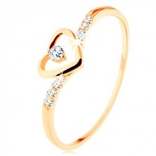Zlatý prsteň 375, kontúra srdca s čírym zirkónikom, zdobené ramená