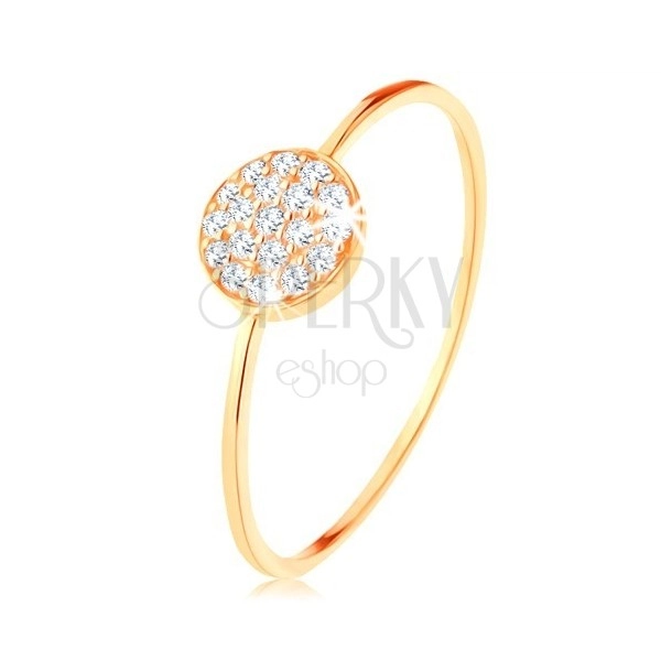 Zlatý prsteň 375 - tenké lesklé ramená, kruh vykladaný čírymi zirkónmi