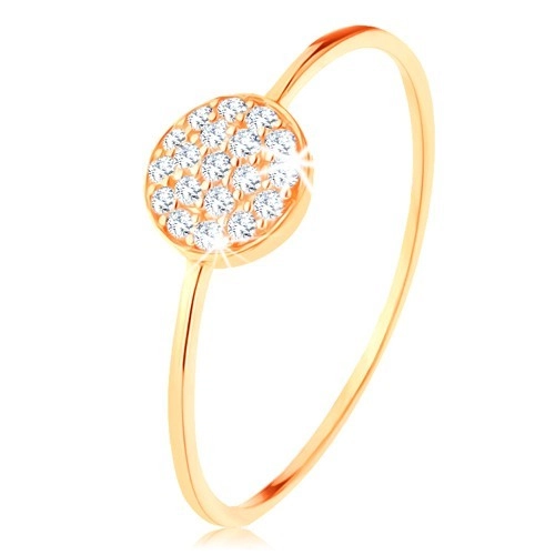 Zlatý prsteň 375 - tenké lesklé ramená, kruh vykladaný čírymi zirkónmi - Veľkosť: 54 mm
