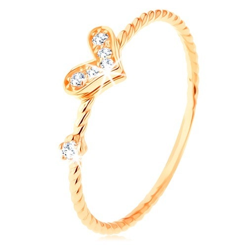 Zlatý prsteň 375, špirálovito zatočené ramená, trblietavé srdiečko, zirkón - Veľkosť: 58 mm