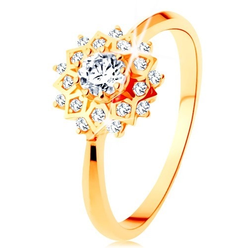 Zlatý prsteň 375 - trblietavé slnko zdobené okrúhlymi čírymi zirkónikmi - Veľkosť: 54 mm