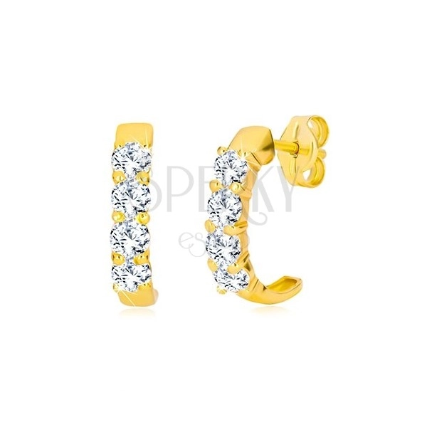 Puzetové náušnice v žltom 9K zlate - polkruhy s čírymi okrúhlymi zirkónmi