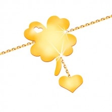 Náramok v žltom 14K zlate - symbol šťastia so srdiečkovým výrezom, srdce na retiazke