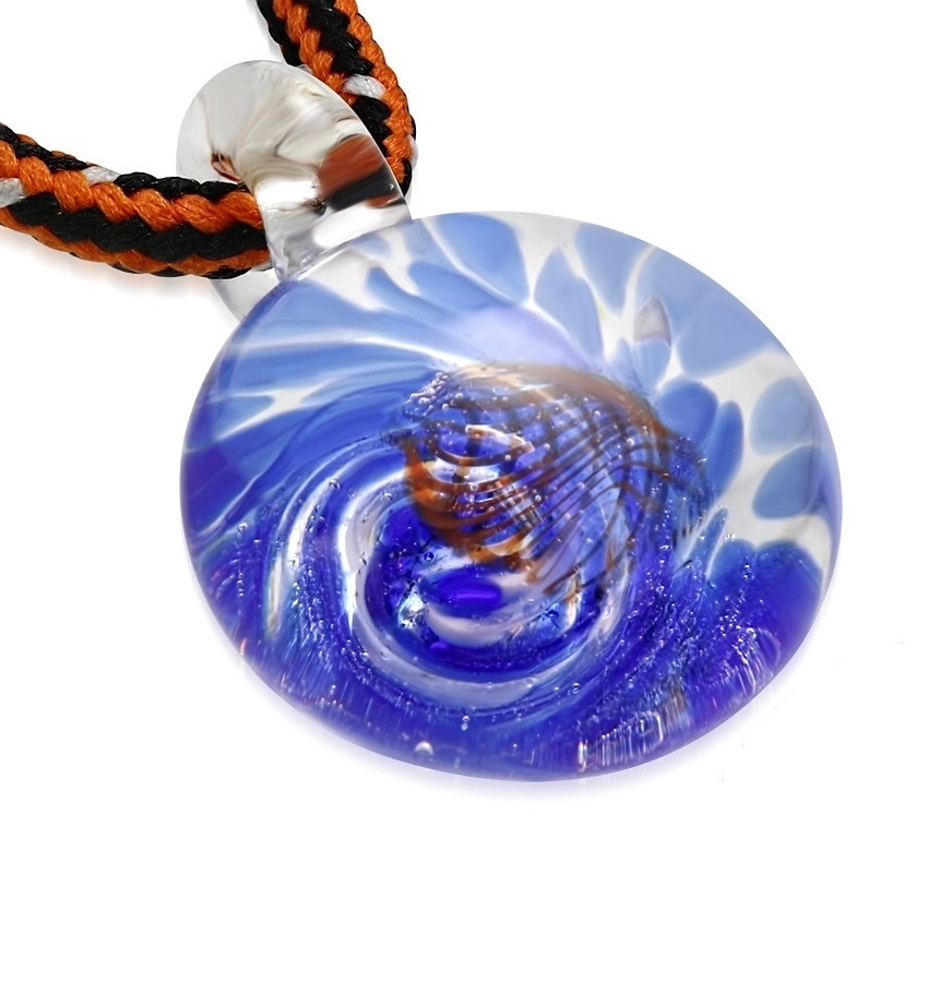 E-shop Šperky Eshop - Šnúrkový náhrdelník - farbené sklo so špirálou modrej farby, oranžové vlnky Z25.15