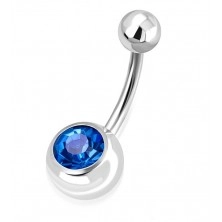 Oceľový piercing do pupku - lesklá guľôčka, gulička s ligotavým modrým zirkónom