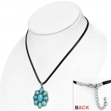 Čierny šnúrkový náhrdelník - ozdobný kvet s tyrkysovými kameňmi, slzy