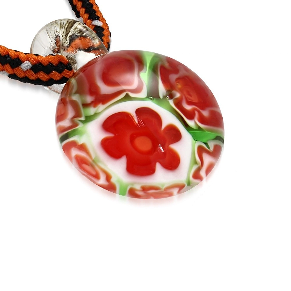 E-shop Šperky Eshop - Trojfarebný šnúrkový náhrdelník - okrúhly prívesok zo skla, kvety SP96.06