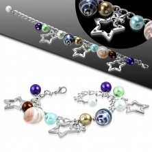 Náramok - syntetické perly, dvojfarebné korálky, kontúry hviezd a kvety