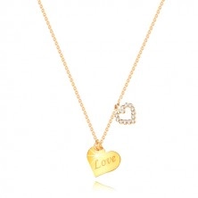Náhrdelník z 9K žltého zlata - srdce s nápisom "Love", obrys srdiečka so zirkónmi