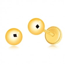 Náušnice zo žltého zlata 585 - jednoduchá zrkadlovolesklá guľôčka, puzetky so závitom, 5 mm