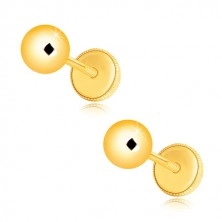 Náušnice zo žltého zlata 585 - jednoduchá zrkadlovolesklá guľôčka, puzetky so závitom, 5 mm