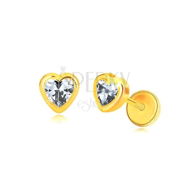 Náušnice zo žltého zlata 585 - obrys symetrického srdca, srdiečkový zirkón, puzetky so závitom