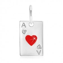 Prívesok zo striebra 925 - motív hracej karty, srdcové eso a červená glazúra
