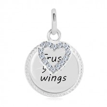 Strieborný 925 prívesok - krúžok s nápisom "Trust your wings", kontúra srdca so zirkónmi