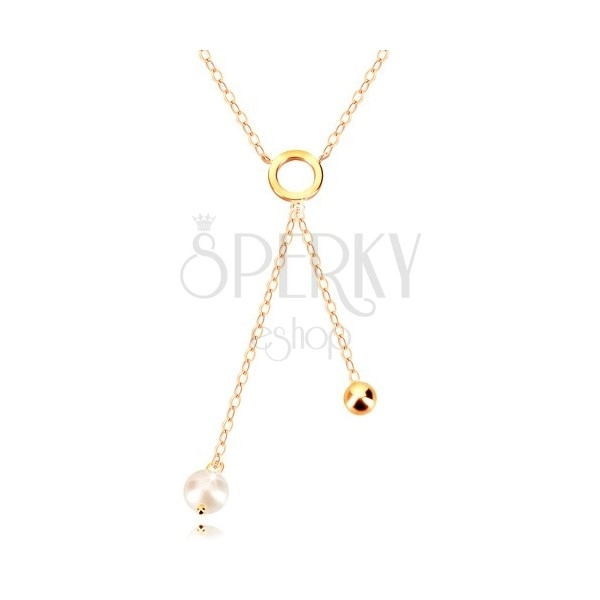 Zlatý 9K náhrdelník - krúžok, zrkadlovolesklá guľôčka a perlička na retiazke