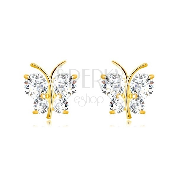 Zlaté 9K náušnice - lesklý motýľ s trblietavými krídlami, transparentné zirkóny