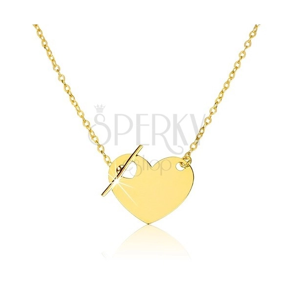 Náhrdelník zo žltého zlata 375 - pravidelné srdce so srdiečkovým výrezom a palička