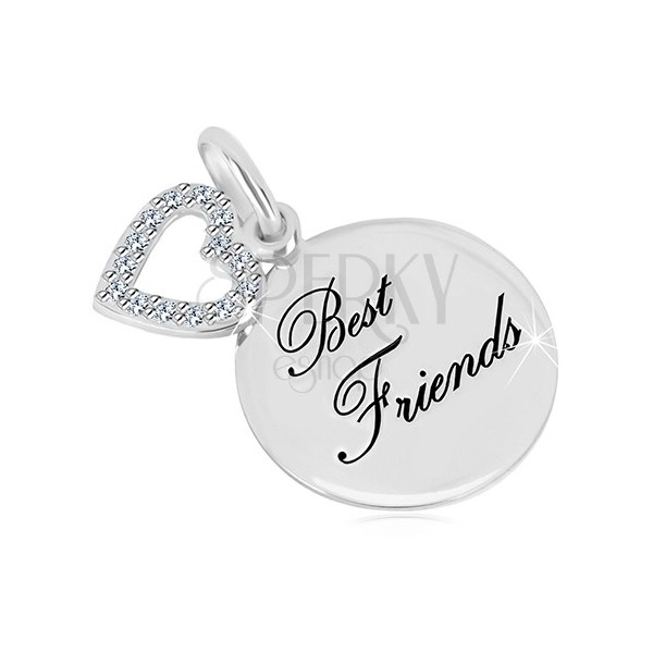 Strieborný prívesok 925 - lesklý kruh, nápis "Best Friends", kontúra srdca so zirkónmi