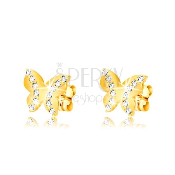 Náušnice v žltom zlate 375 - lesklý motýľ, dve zaoblené zirkónové línie, puzetky