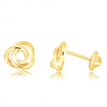 Náušnice zo žltého zlata 375 - tri vzájomne prepletené prstence, puzetky so závitom