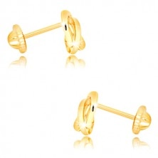 Náušnice zo žltého zlata 375 - tri vzájomne prepletené prstence, puzetky so závitom