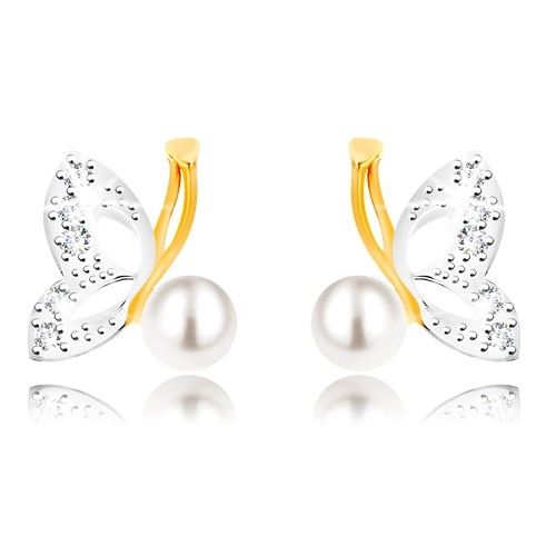Náušnice v kombinovanom 9K zlate - motýľ s krídlami v bielom zlate, zirkóny, perla
