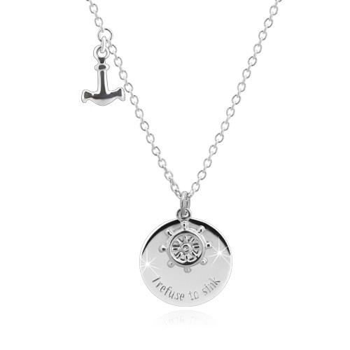 Strieborný náhrdelník 925 - kotva, kormidlo, lesklý kruh s nápisom \