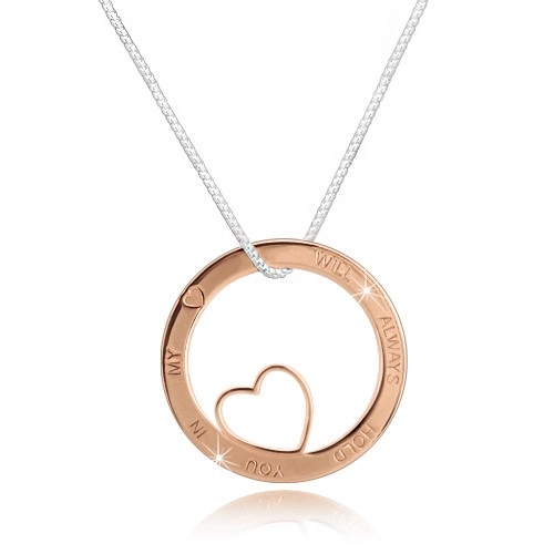 E-shop Šperky Eshop - Strieborný náhrdelník 925 - hranatá retiazka, kruh ružovozlatej farby s výrezom a nápisom R29.30