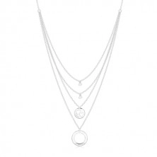 Strieborný náhrdelník 925 - štyri retiazky s príveskami, kruhy a srdiečka, nápisy