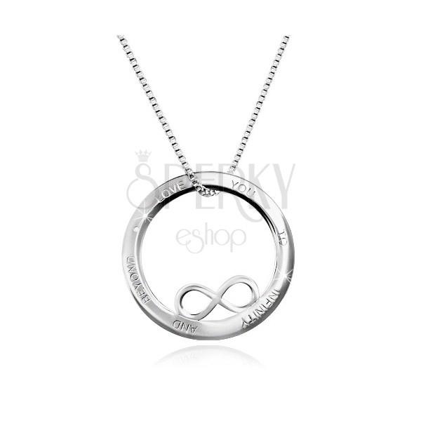 Strieborný 925 náhrdelník - kontúra kruhu so symbolom nekonečna, nápis, hranatá retiazka