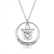Strieborný 925 náhrdelník - kontúra kruhu, anjelik s ornamentmi, nápis