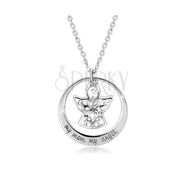 Strieborný 925 náhrdelník - kontúra kruhu, anjelik s ornamentmi, nápis
