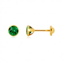 Zlaté 14K náušnice - smaragdovozelený zirkón v objímke, puzetky so závitom, 5 mm