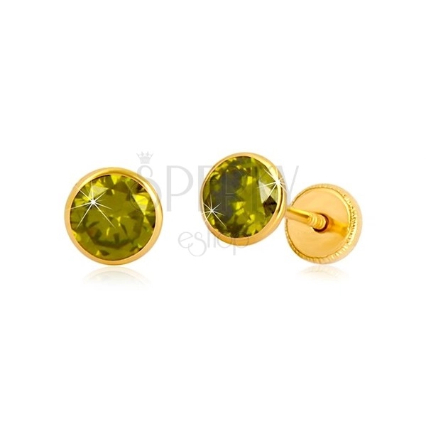 Zlaté náušnice 585 - okrúhly zirkón zelenej farby, puzetky so závitom, 5 mm
