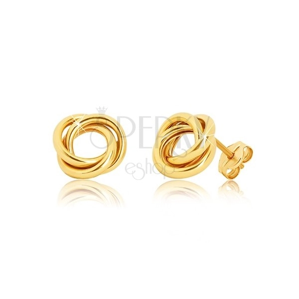 Puzetové náušnice zo žltého zlata 375 - tri lesklé prepletené prstence