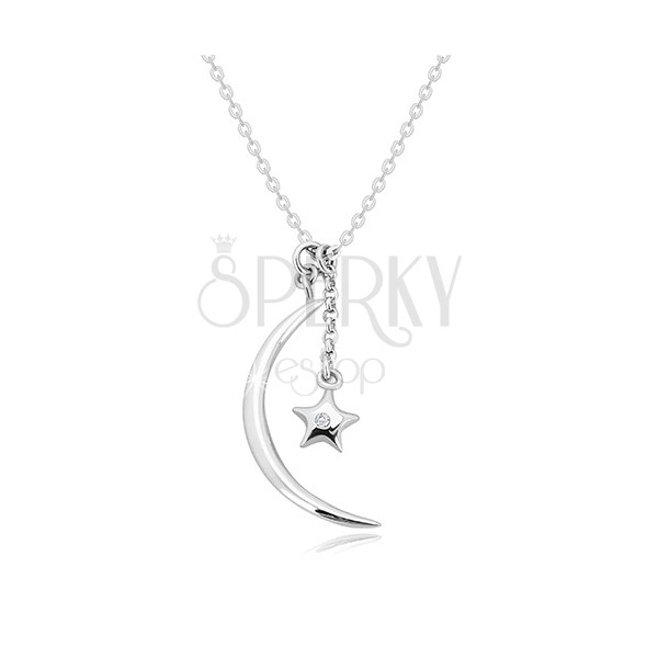 Diamantový náhrdelník, striebro 925 - lesklý polmesiac a hviezda s briliantom