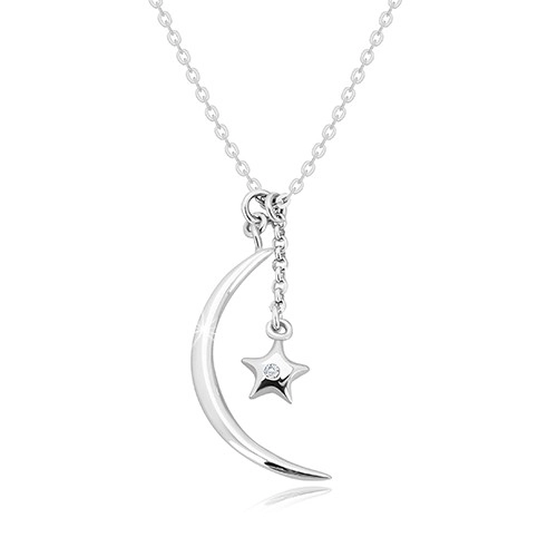 E-shop Šperky Eshop - Diamantový náhrdelník, striebro 925 - lesklý polmesiac a hviezda s briliantom S58.19