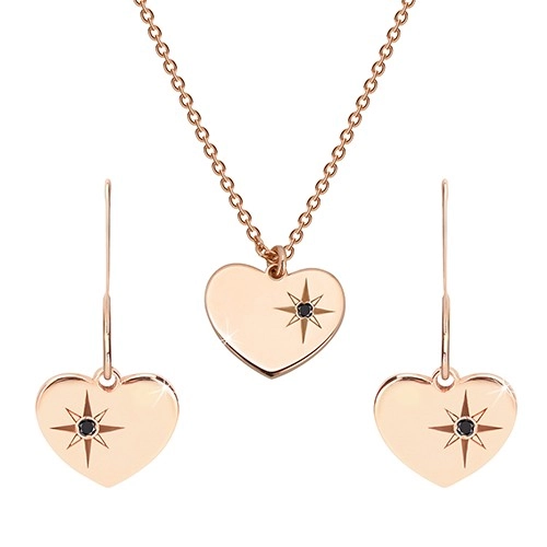 E-shop Šperky Eshop - Sada ružovozlatej farby, striebro 925 - náušnice a náhrdelník, srdce s Polárkou a diamant R44.10