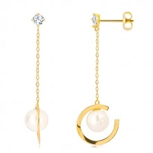 Náušnice v 9K žltom zlate - prerušený prstenec s perlou na retiazke, transparentný zirkón