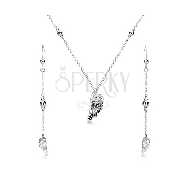 Strieborný set 925 - náušnice a náhrdelník, anjelské krídlo a lesklé guličky