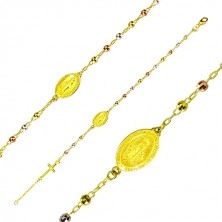Náramok zlatej farby zo striebra 925 - trojfarebné guličky, medailón a kríž