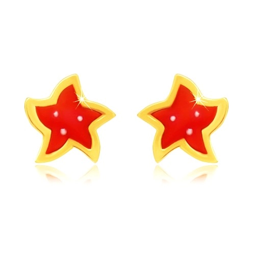 Zlaté náušnice 14K - hviezda s piatimi cípmi, červenou glazúrou a bielymi bodkami