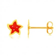 Zlaté náušnice 14K - hviezda s piatimi cípmi, červenou glazúrou a bielymi bodkami