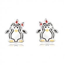 Strieborné náušnice 925 - lesklý tučniak s mašličkou, trojfarebná glazúra