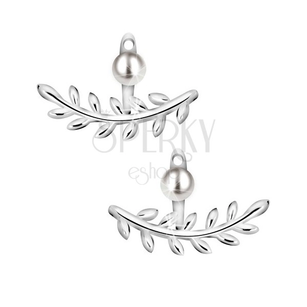 Náušnice zo striebra 925 - lesklá vetvička s listami, okrúhla perla bielej farby