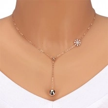 Strieborný náhrdelník 925 v medenej farbe - visiaca gulička na jemnej retiazke, zirkónový kvet