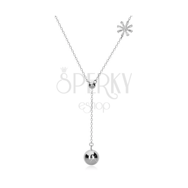 Strieborný náhrdelník 925 - visiaca lesklá gulička na retiazke, zirkónový kvet